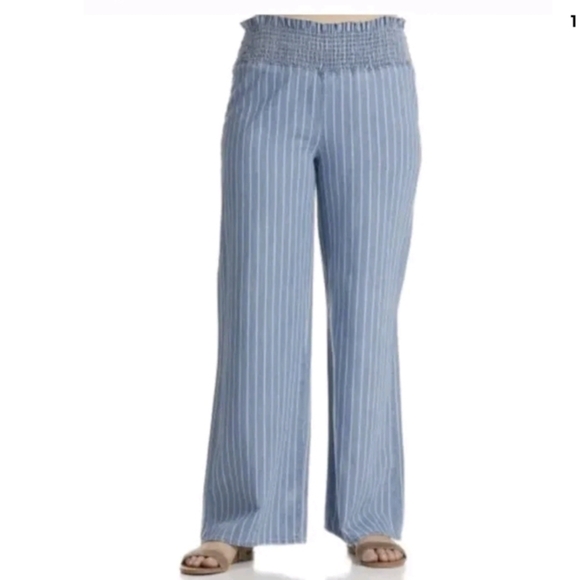Blue Spice Women’s Pants Wide Leg Size M Elastic Waist Striped Blue 100% Cotton - Picture 1 of 9